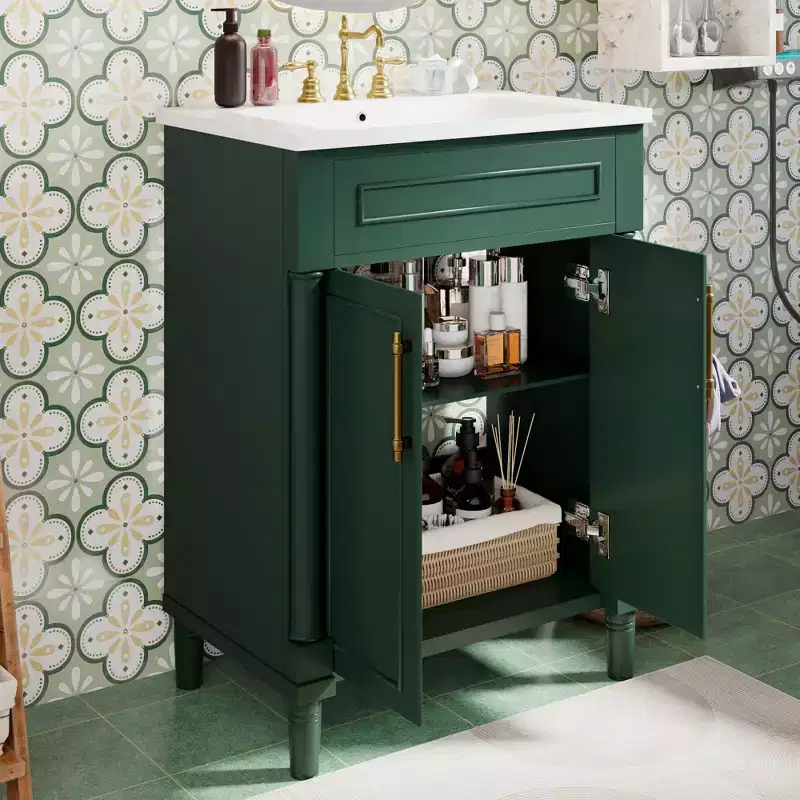 Meuble-lavabo de 24 po avec évier en céramique, armoire Shaker, 2 portes à fermeture amortie, cadre en bois massif pour petite salle de bain ou salle d'eau