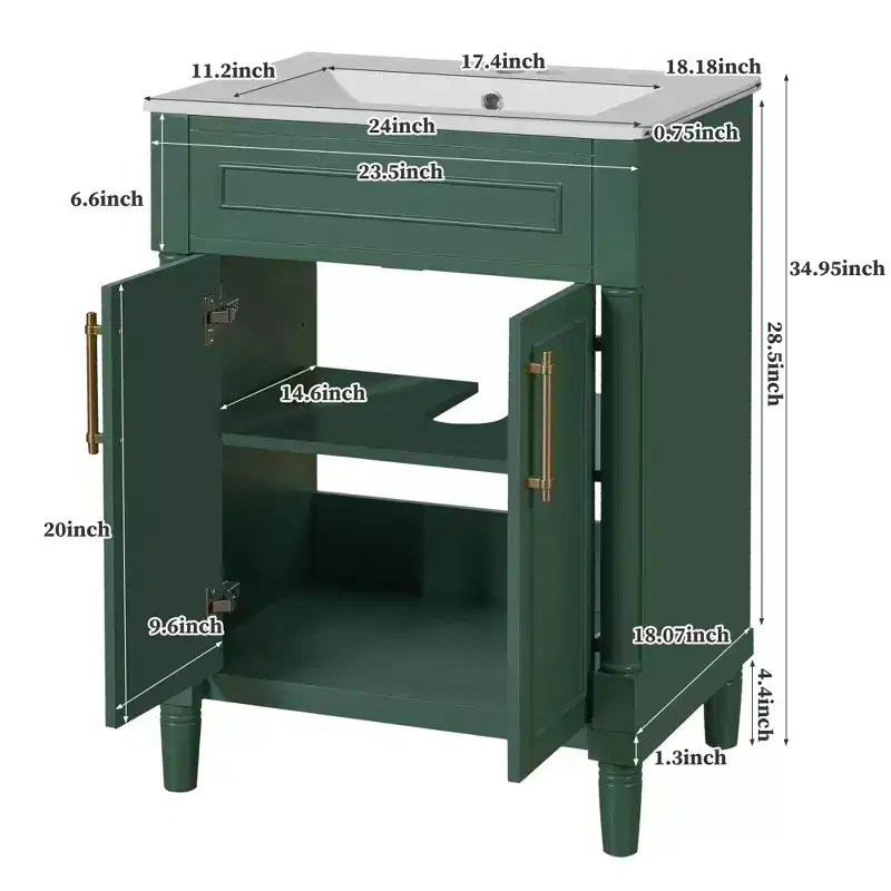 Meuble-lavabo de 24 po avec évier en céramique, armoire Shaker, 2 portes à fermeture amortie, cadre en bois massif pour petite salle de bain ou salle d'eau