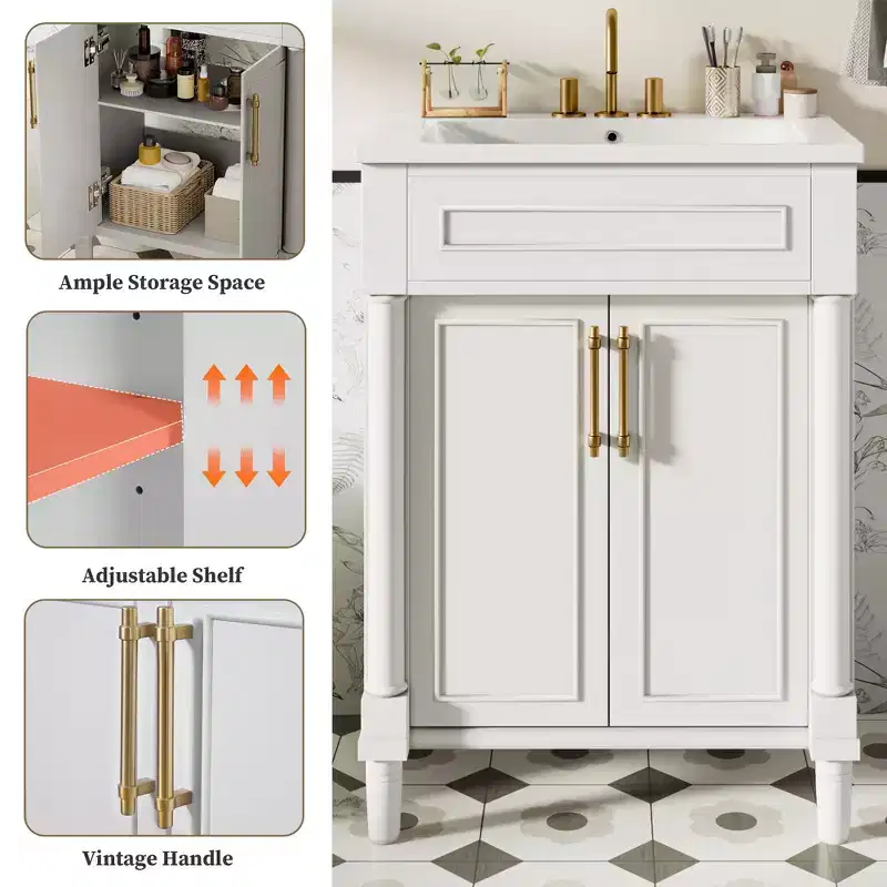 Meuble-lavabo de 24 po avec évier en céramique, armoire Shaker, 2 portes à fermeture amortie, cadre en bois massif pour petite salle de bain ou salle d'eau