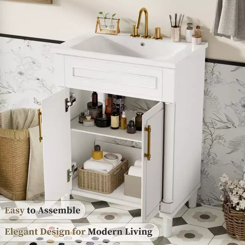 Meuble-lavabo de 24 po avec évier en céramique, armoire Shaker, 2 portes à fermeture amortie, cadre en bois massif pour petite salle de bain ou salle d'eau