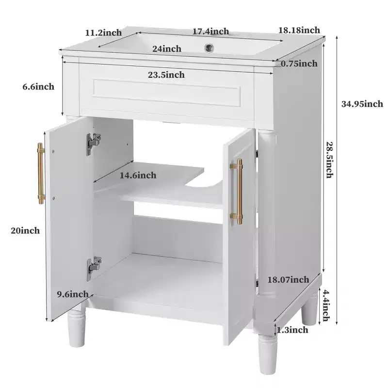Meuble-lavabo de 24 po avec évier en céramique, armoire Shaker, 2 portes à fermeture amortie, cadre en bois massif pour petite salle de bain ou salle d'eau