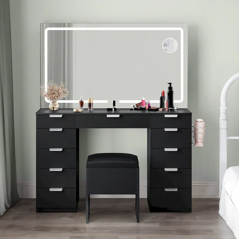 Moasis 46 Coiffeuse avec prise intégrée, miroir éclairé et support pour sèche-cheveux – 55,8 H x 46 L x 11,7 P