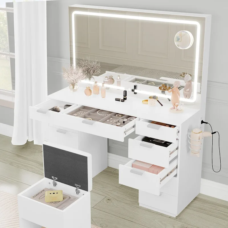 Moasis 46 Coiffeuse avec prise intégrée, miroir éclairé et support pour sèche-cheveux – 55,8 H x 46 L x 11,7 P