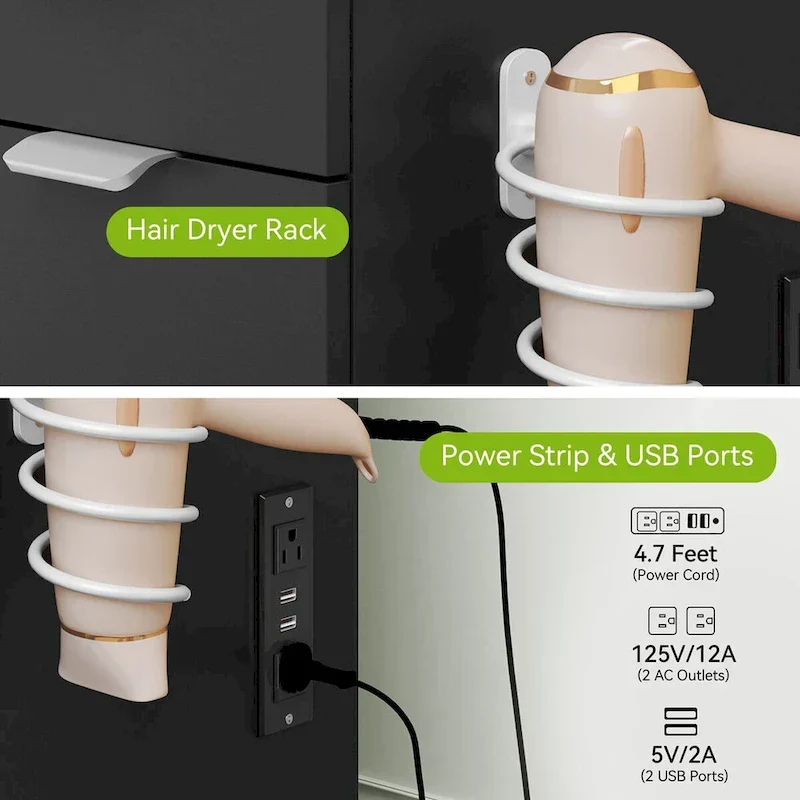 Moasis 46 Coiffeuse avec prise intégrée, miroir éclairé et support pour sèche-cheveux – 55,8 H x 46 L x 11,7 P