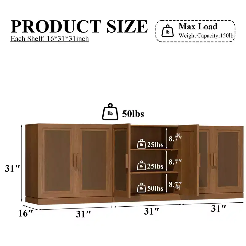 Buffet de rangement à portes en rotin 3 ensembles avec étagères réglables - 93L x 31H
