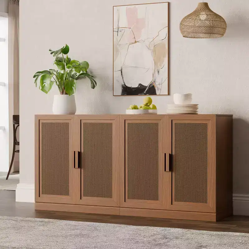 Buffet de rangement à portes en rotin 3 ensembles avec étagères réglables - 93L x 31H