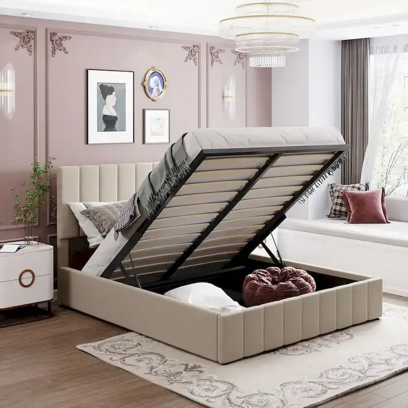Lit plateforme rembourré Queen avec système de rangement hydraulique - Beige
