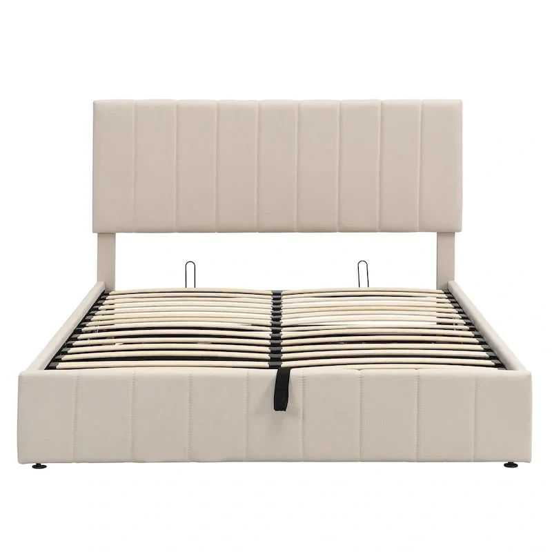 Lit plateforme rembourré Queen avec système de rangement hydraulique - Beige