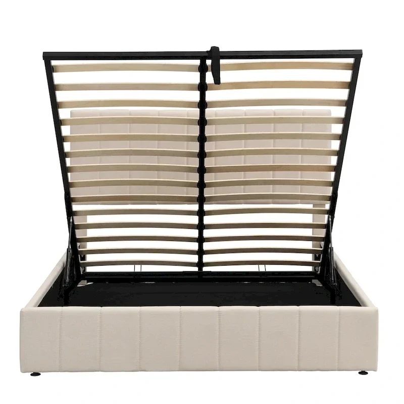 Lit plateforme rembourré Queen avec système de rangement hydraulique - Beige