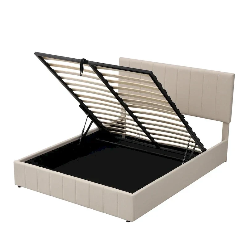 Lit plateforme rembourré Queen avec système de rangement hydraulique - Beige