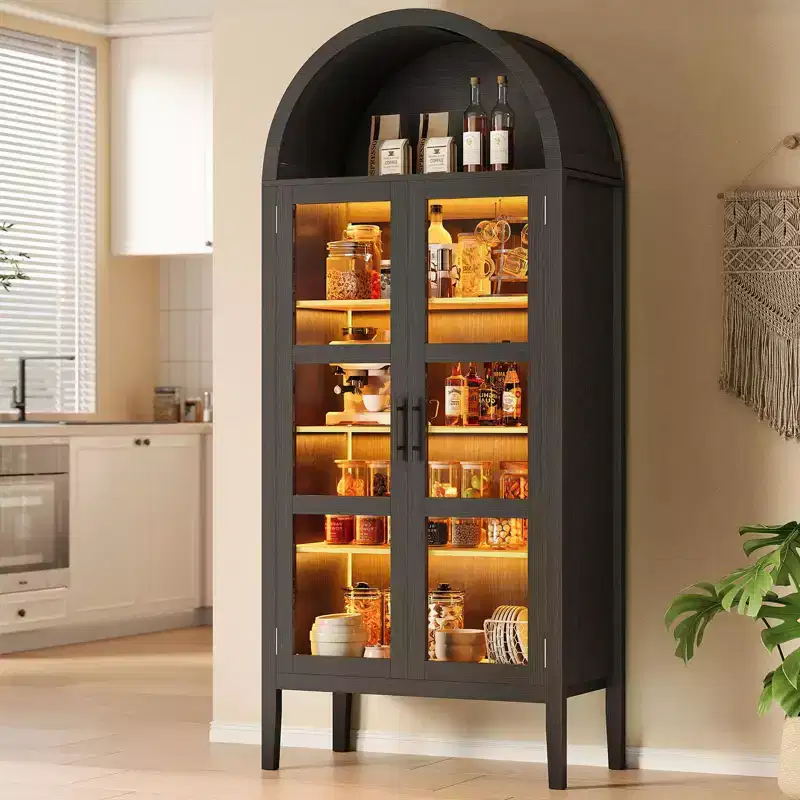 Meuble de rangement, Noir/Blanc, Style Arqué, Simple, 71 po de hauteur avec lumières DEL et portes vitrées