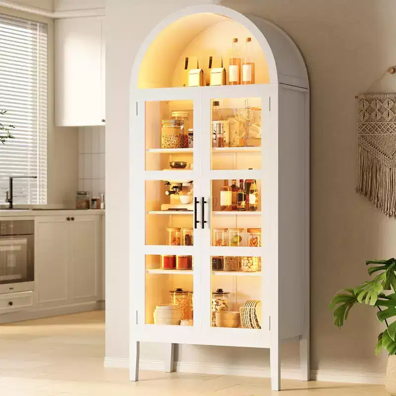 Meuble de rangement, Noir/Blanc, Style Arqué, Simple, 71 po de hauteur avec lumières DEL et portes vitrées