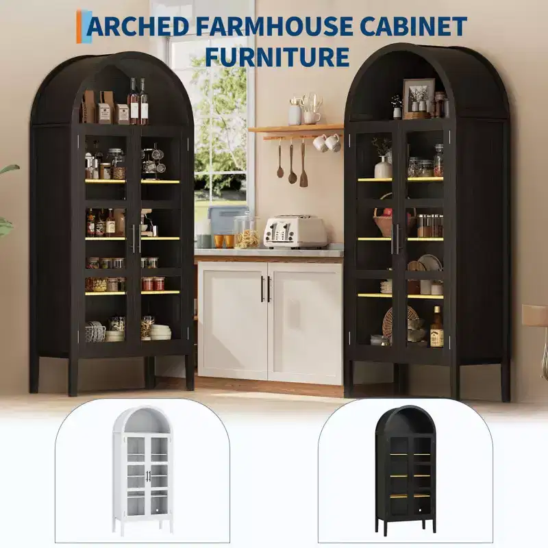 Meuble de rangement, Noir/Blanc, Style Arqué, Simple, 71 po de hauteur avec lumières DEL et portes vitrées