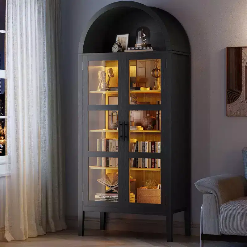 Meuble de rangement, Noir/Blanc, Style Arqué, Simple, 71 po de hauteur avec lumières DEL et portes vitrées