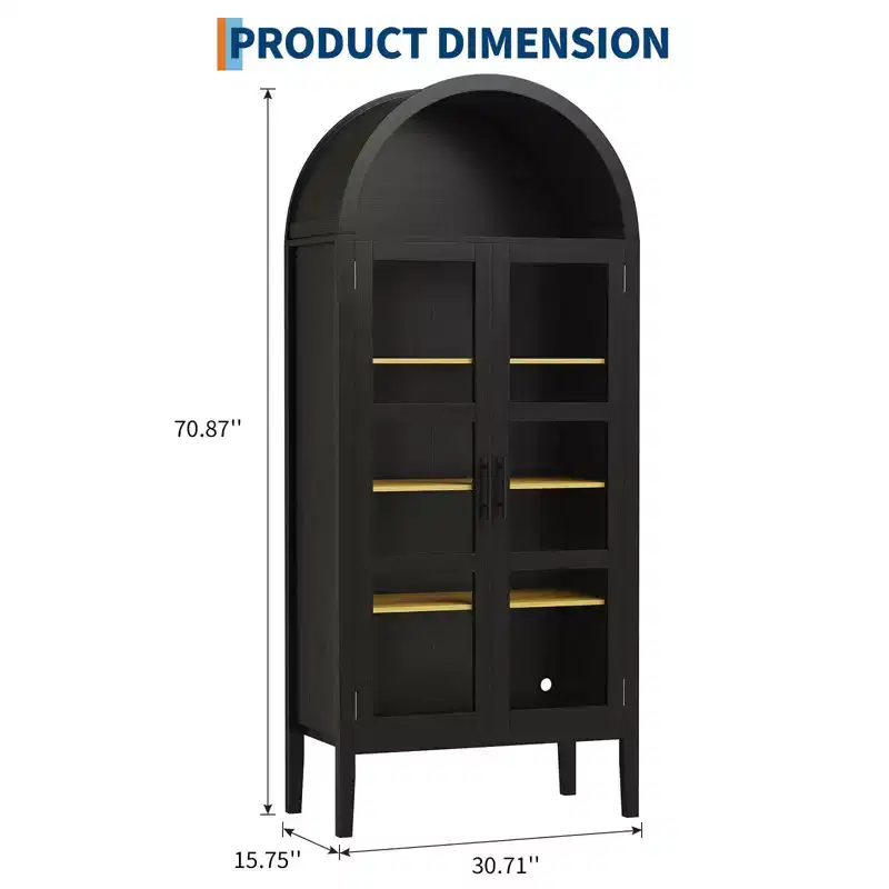 Meuble de rangement, Noir/Blanc, Style Arqué, Simple, 71 po de hauteur avec lumières DEL et portes vitrées
