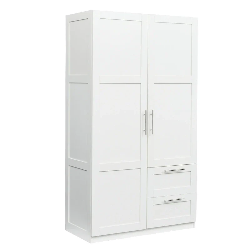 Armoire de rangement en bois blanc avec portes, tiroirs et tringle à vêtements