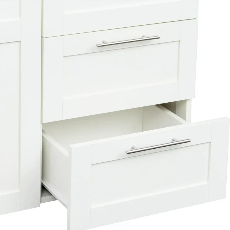 Armoire de rangement en bois blanc avec portes, tiroirs et tringle à vêtements