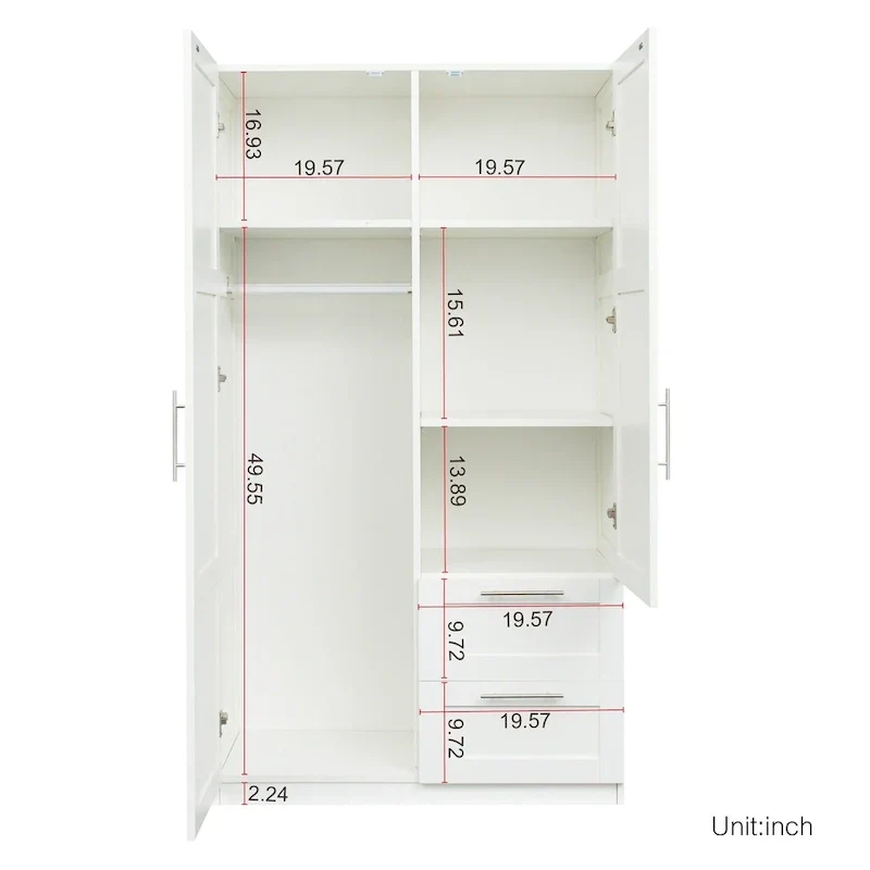 Armoire de rangement en bois blanc avec portes, tiroirs et tringle à vêtements