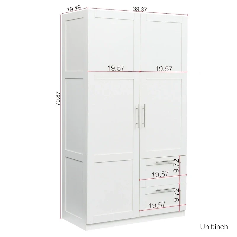 Armoire de rangement en bois blanc avec portes, tiroirs et tringle à vêtements