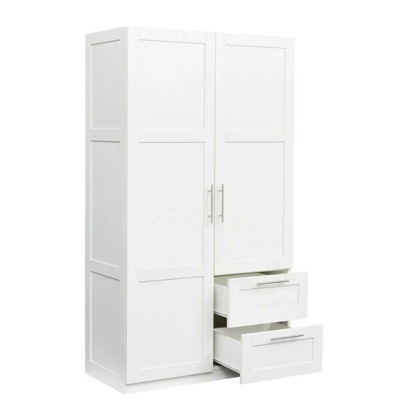 Armoire de rangement en bois blanc avec portes, tiroirs et tringle à vêtements