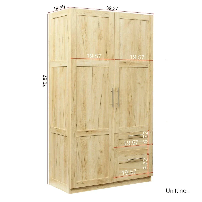 Armoire de rangement en bois blanc avec portes, tiroirs et tringle à vêtements
