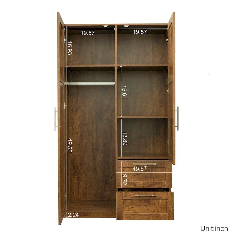 Armoire de rangement en bois blanc avec portes, tiroirs et tringle à vêtements
