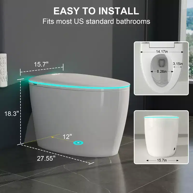 Toilette Bidet Intelligente avec Abattant et Siège à Ouverture/Fermeture Automatique, Chasse d'Eau à Capteur au Pied, Design Monobloc Allongé Sans Réservoir, Siège Chauffant