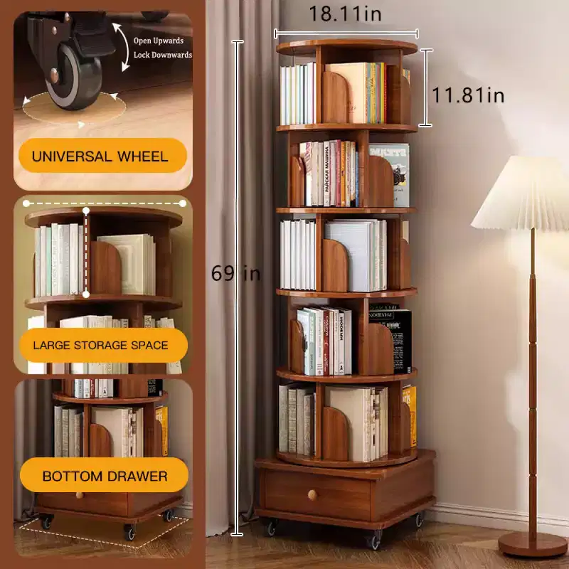 Bibliothèque d'angle pivotante à 360° Chic Crate à 6 niveaux avec roulettes, étagère étroite pour petits espaces, marron noyer