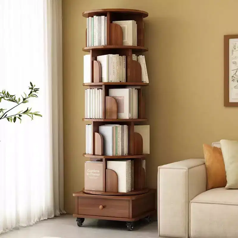 Bibliothèque d'angle pivotante à 360° Chic Crate à 6 niveaux avec roulettes, étagère étroite pour petits espaces, marron noyer