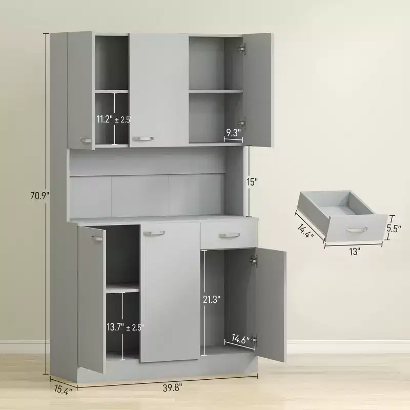 71 Armoire de cuisine, armoire de rangement haute avec support pour micro-ondes, buffet de cuisine moderne, 3 étagères réglables pour salon, salle à manger