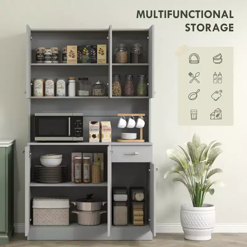 71 Armoire de cuisine, armoire de rangement haute avec support pour micro-ondes, buffet de cuisine moderne, 3 étagères réglables pour salon, salle à manger