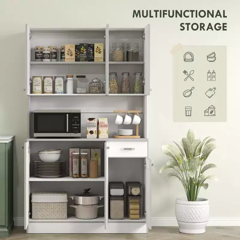 71 Armoire de cuisine, armoire de rangement haute avec support pour micro-ondes, buffet de cuisine moderne, 3 étagères réglables pour salon, salle à manger