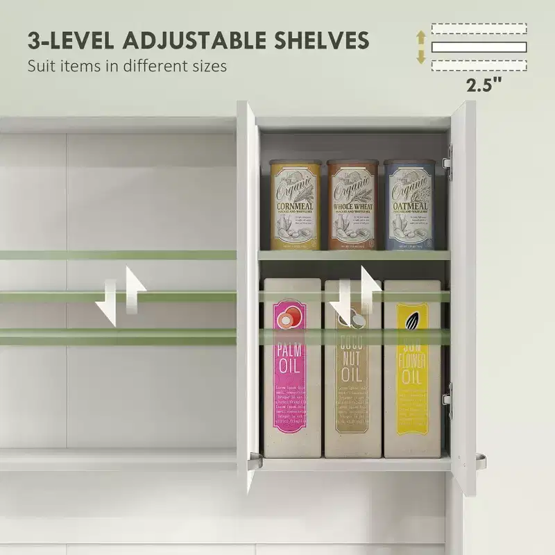 71 Armoire de cuisine, armoire de rangement haute avec support pour micro-ondes, buffet de cuisine moderne, 3 étagères réglables pour salon, salle à manger