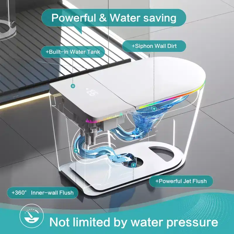 Toilettes intelligentes Dyonery, monobloc sans réservoir avec bouclier en mousse, couvercle à ouverture/fermeture automatique, bidet et séchoir chauffants, veilleuse LED, chasse d'eau automatique