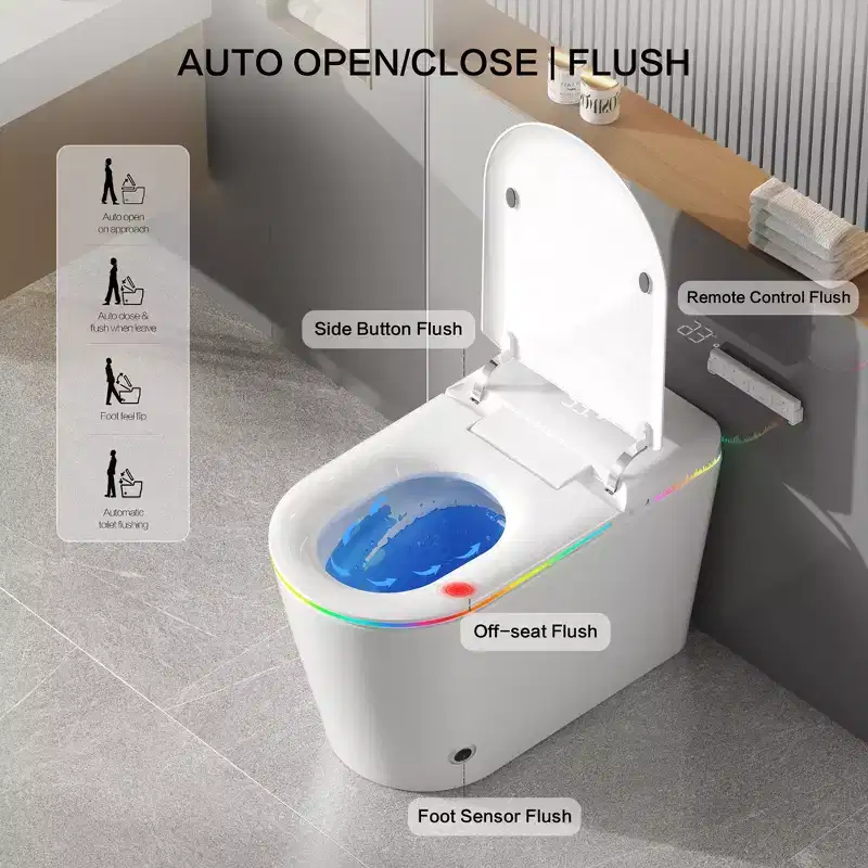 Toilettes intelligentes Dyonery, monobloc sans réservoir avec bouclier en mousse, couvercle à ouverture/fermeture automatique, bidet et séchoir chauffants, veilleuse LED, chasse d'eau automatique