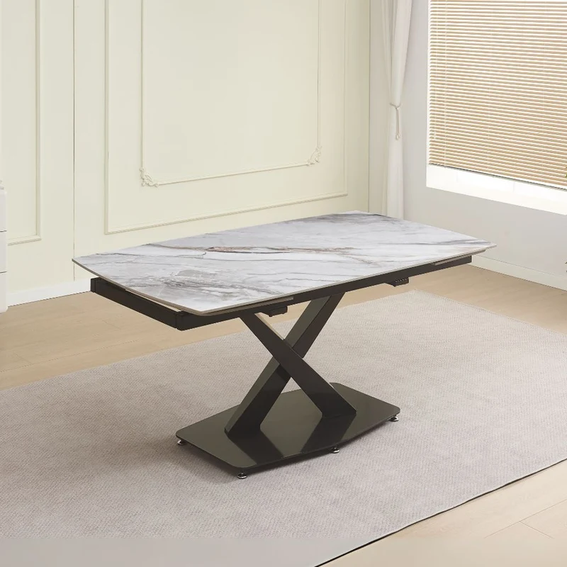 Tavolo allungabile con piano in ceramica effetto marmo bianco e gambe in titanio lucido 165x90x76H Moritz