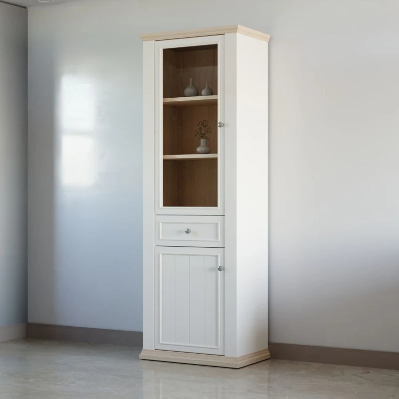 Vetrina 1 anta vetro e 1 anta con cassetto 202 cm colore bianco e rovere Essenza