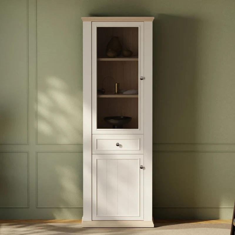 Vetrina 1 anta vetro e 1 anta con cassetto 202 cm colore bianco e rovere Essenza