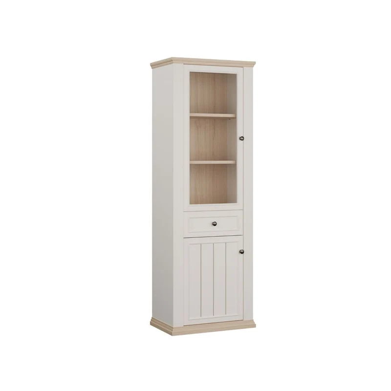 Vetrina 1 anta vetro e 1 anta con cassetto 202 cm colore bianco e rovere Essenza