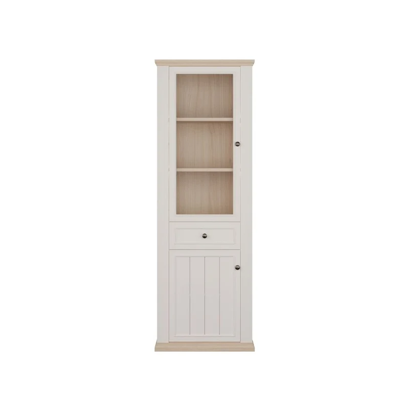 Vetrina 1 anta vetro e 1 anta con cassetto 202 cm colore bianco e rovere Essenza