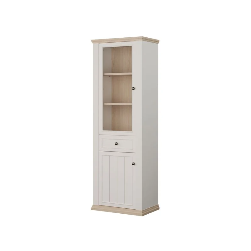 Vetrina 1 anta vetro e 1 anta con cassetto 202 cm colore bianco e rovere Essenza