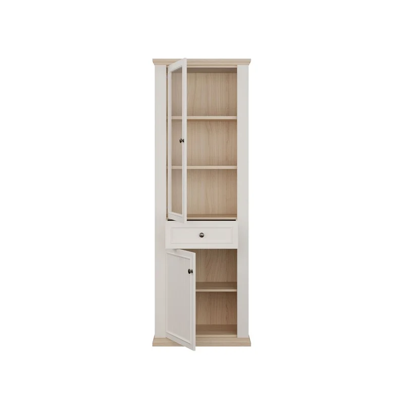 Vetrina 1 anta vetro e 1 anta con cassetto 202 cm colore bianco e rovere Essenza