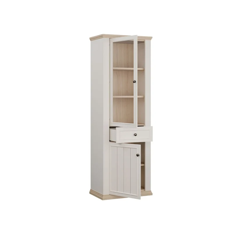 Vetrina 1 anta vetro e 1 anta con cassetto 202 cm colore bianco e rovere Essenza
