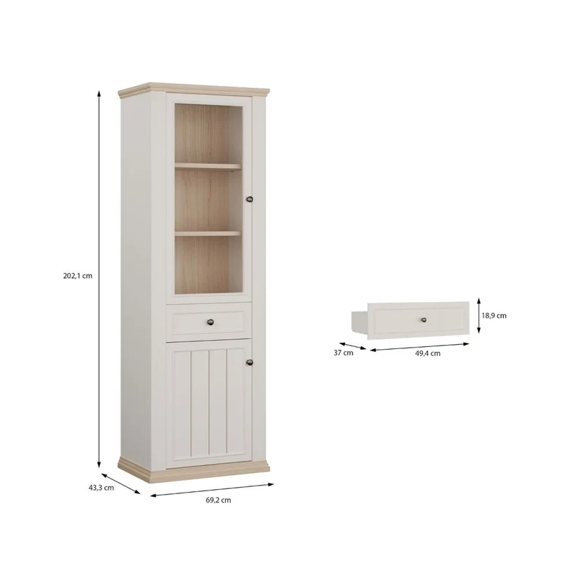 Vetrina 1 anta vetro e 1 anta con cassetto 202 cm colore bianco e rovere Essenza