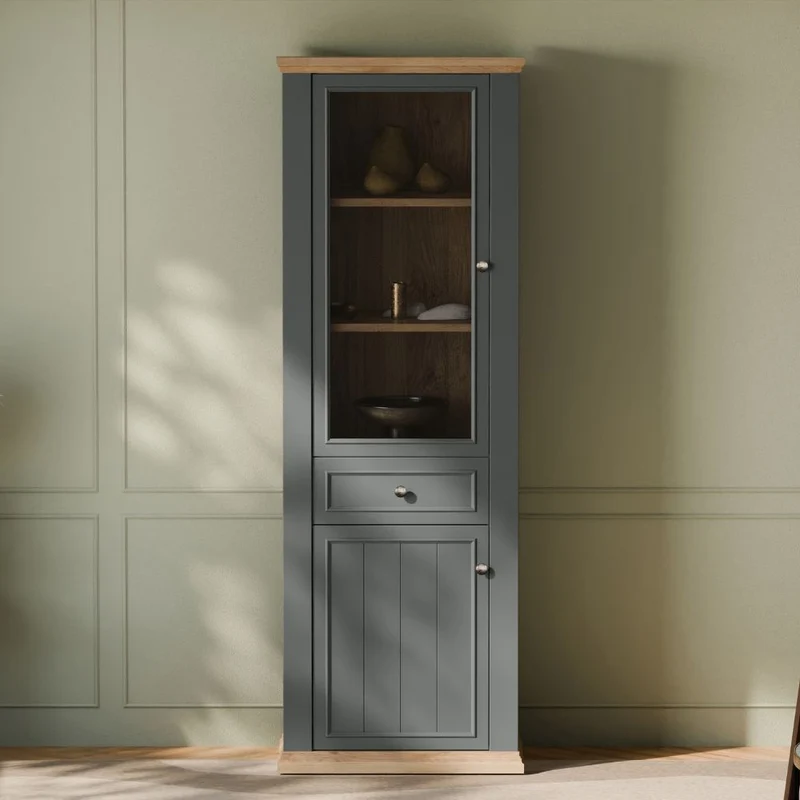 Vetrina 1 anta vetro e 1 anta con cassetto 202 cm colore grigio scuro e rovere Essenza