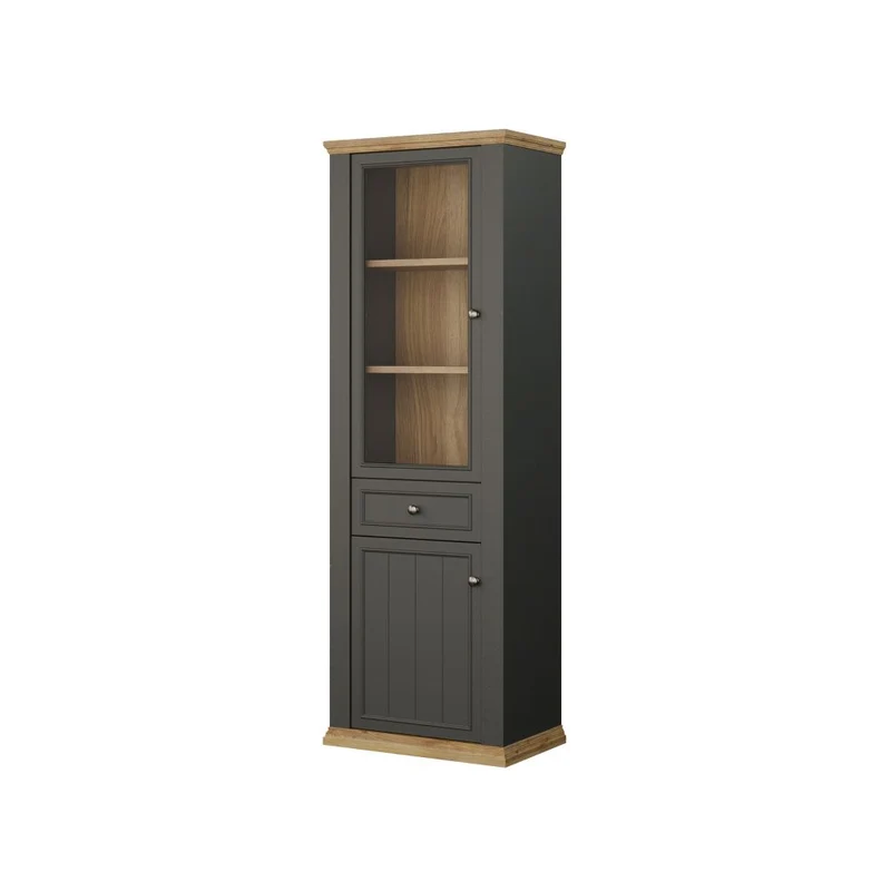 Vetrina 1 anta vetro e 1 anta con cassetto 202 cm colore grigio scuro e rovere Essenza