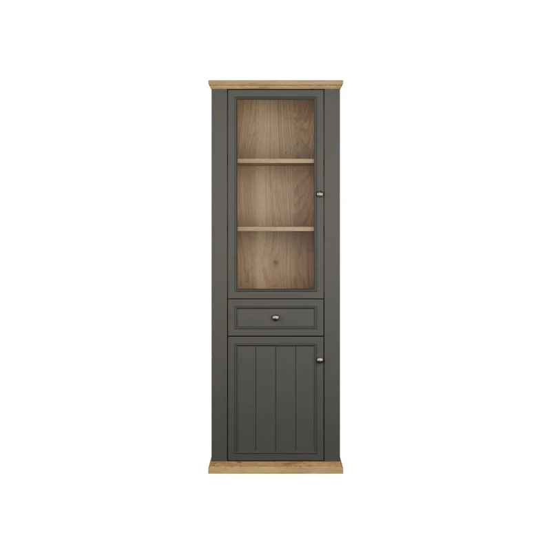 Vetrina 1 anta vetro e 1 anta con cassetto 202 cm colore grigio scuro e rovere Essenza
