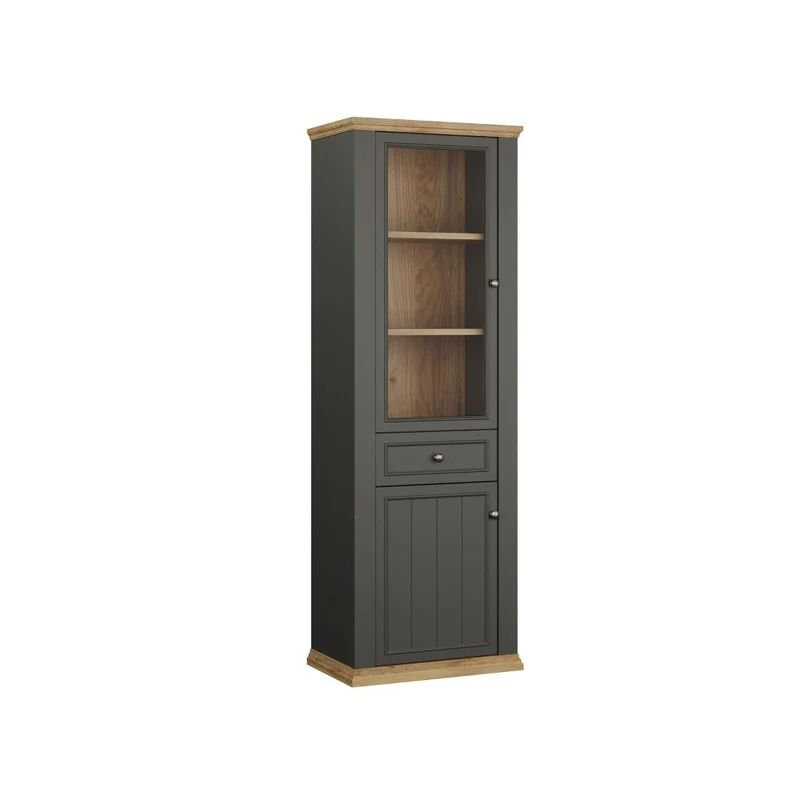 Vetrina 1 anta vetro e 1 anta con cassetto 202 cm colore grigio scuro e rovere Essenza