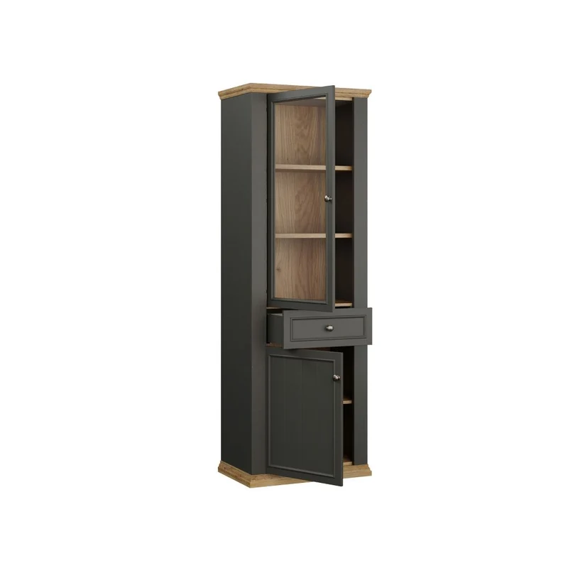 Vetrina 1 anta vetro e 1 anta con cassetto 202 cm colore grigio scuro e rovere Essenza