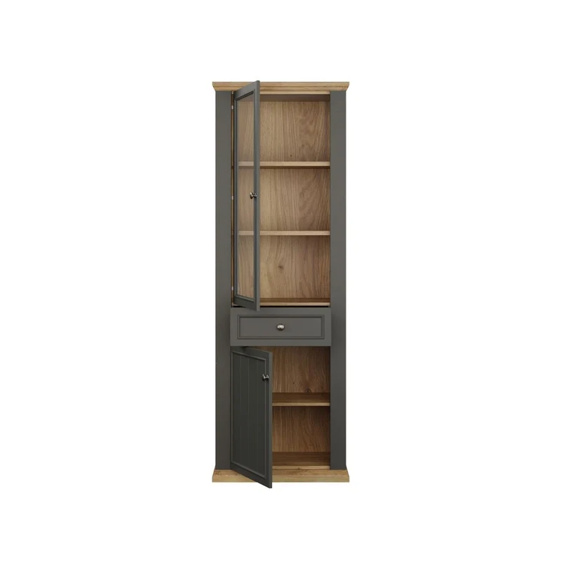Vetrina 1 anta vetro e 1 anta con cassetto 202 cm colore grigio scuro e rovere Essenza